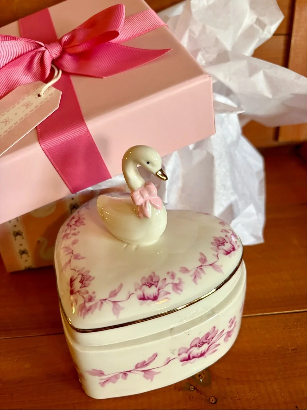 Porcelain Swan Heart Jewelry Trinket With Gift Box, Pink Floral Romantic Gift